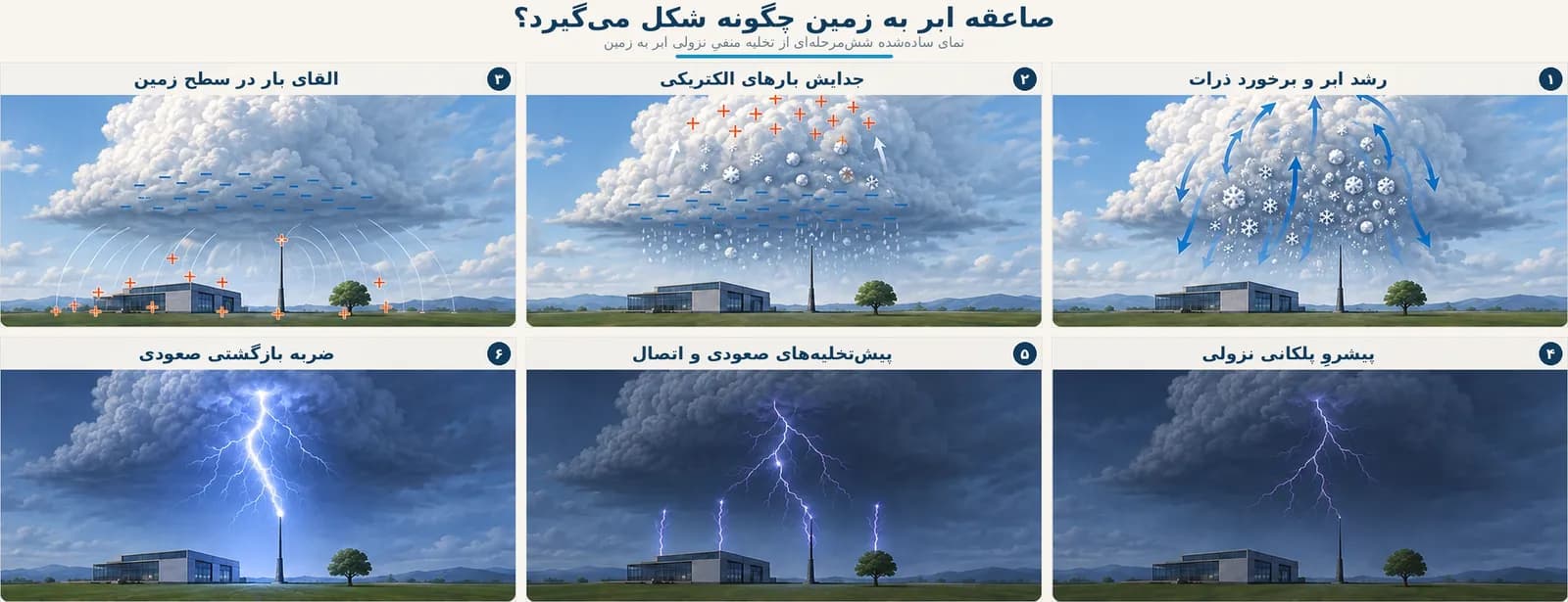 اینفوگرافیک فارسی شش‌مرحله‌ای تشکیل صاعقه ابر به زمین، از رشد ابر و جدایش بارهای الکتریکی تا پیشرو پلکانی، اتصال و ضربه بازگشتی
