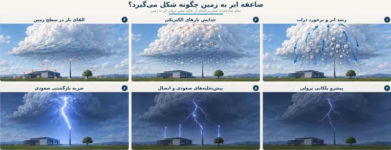 اینفوگرافیک فارسی شش‌مرحله‌ای تشکیل صاعقه ابر به زمین، از رشد ابر و جدایش بارهای الکتریکی تا پیشرو پلکانی، اتصال و ضربه بازگشتی