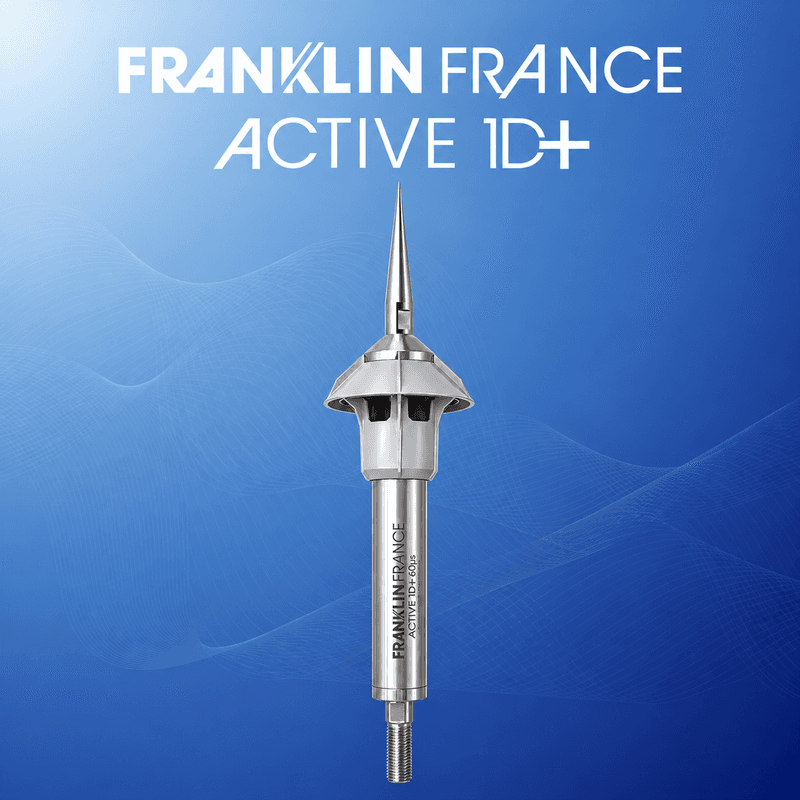 صاعقه‌گیر اکتیو ESE مدل Active 1D+ ساخت شرکت Franklin France روی پس‌زمینه آبی