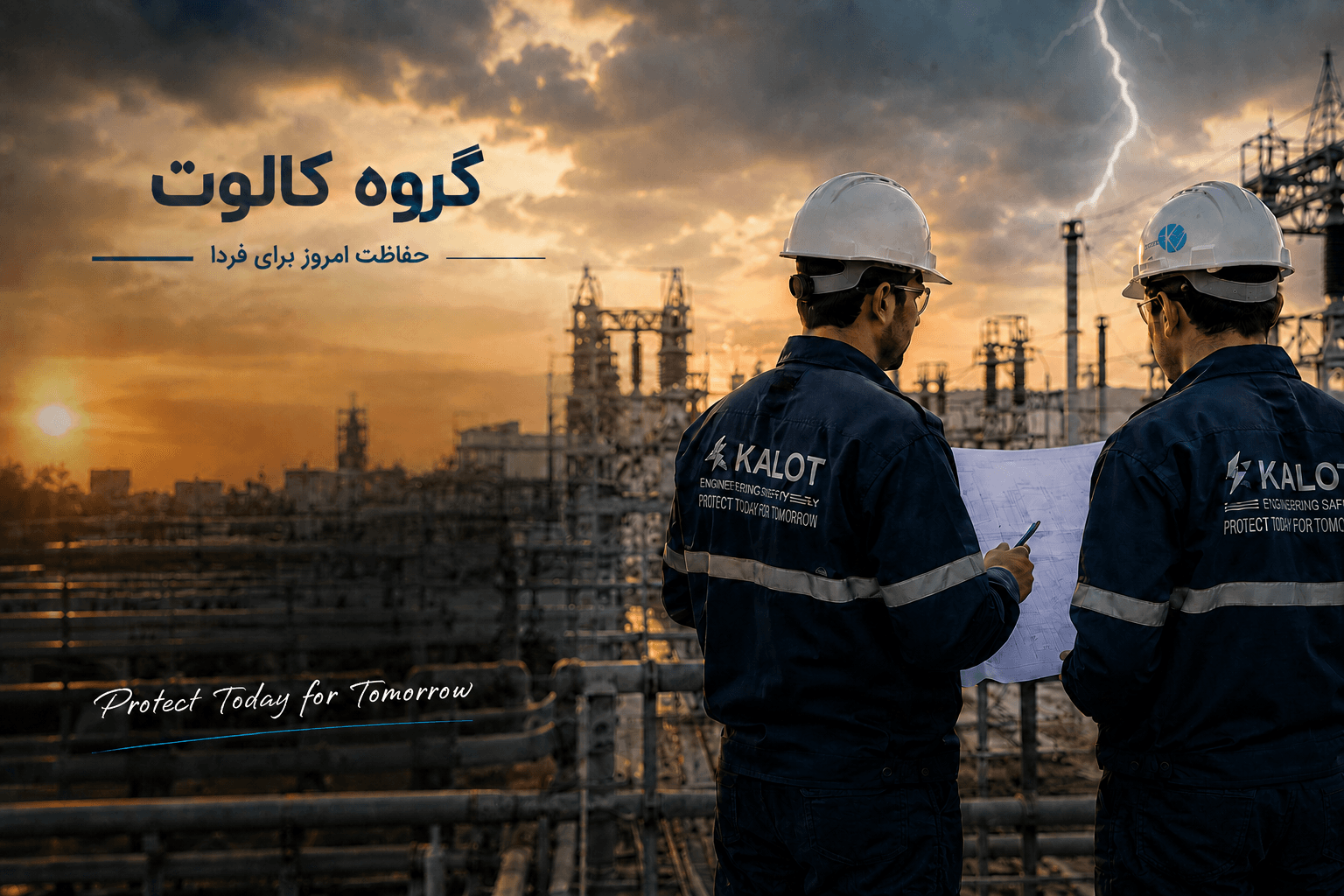 دو مهندس گروه کالوت با یونیفرم برند در حال بازرسی یک سایت پتروشیمی هنگام غروب و رعد و برق در پس‌زمینه — گروه کالوت، حفاظت امروز برای فردا