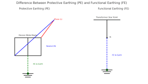 Difference between protective earthing (PE) and functional earthing (FE) with diagram