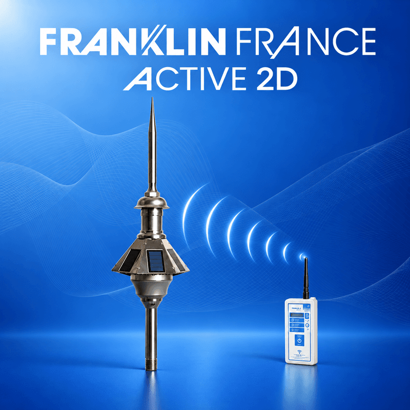 صاعقهگیر الکترونیکی ACTIVE 2D فرانکلین فرانسه در کنار دو تجهیز جانبی