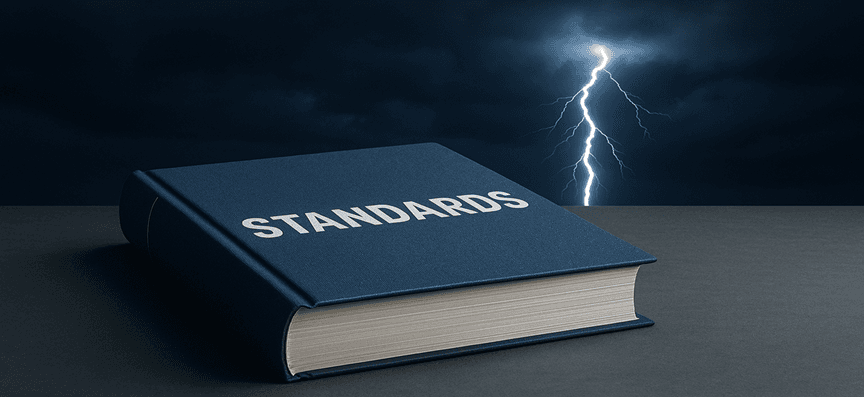 کتاب آبی با عنوان Standards در کنار آسمانی تاریک و رعد و برق – نماد استانداردهای حفاظت در برابر صاعقه